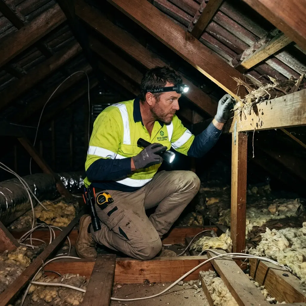 Technician inspecting a roof cavity for a dead animal in Elsternwick